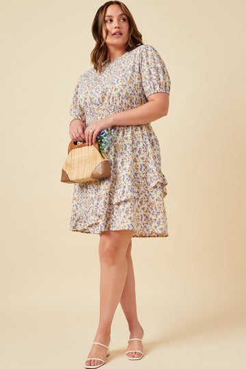 HN4730 Cream Womens Floral Smocked Neck Asymmetric Ruffle Dress Front